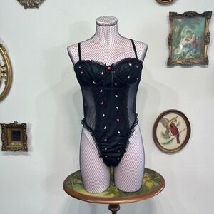 Sheer Black Heart Embroidered Bodysuit Vintage Lingerie Lace Trim Teddy Large
